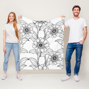 Elegantes Schwarz-Weiß-Blumenlinienkunstmuster (2) Fleecedecke