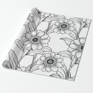 Elegantes Schwarz-Weiß-Blumenlinienkunstmuster (2) Geschenkpapier