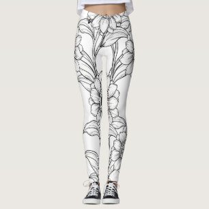 Elegantes Schwarz-Weiß-Blumenlinienkunstmuster (2) Leggings