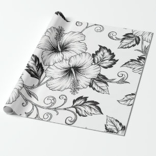 Elegantes Schwarz-Weiß-Blumenlinienkunstmuster (3) Geschenkpapier