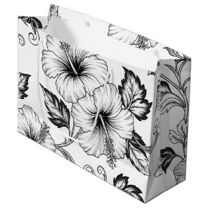 Elegantes Schwarz-Weiß-Blumenlinienkunstmuster (3) Große Geschenktüte
