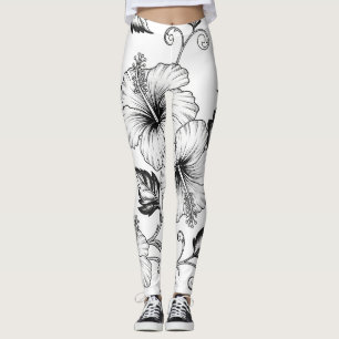 Elegantes Schwarz-Weiß-Blumenlinienkunstmuster (3) Leggings
