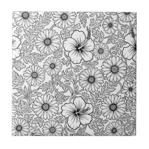 Elegantes Schwarz-Weiß-Blumenlinienkunstmuster (4) Fliese