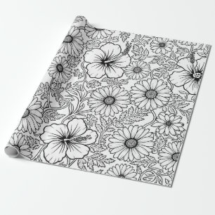 Elegantes Schwarz-Weiß-Blumenlinienkunstmuster (4) Geschenkpapier