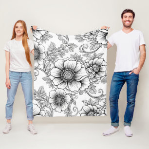 Elegantes Schwarz-Weiß-Blumenlinienkunstmuster (5) Fleecedecke