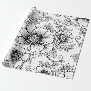 Elegantes Schwarz-Weiß-Blumenlinienkunstmuster (5) Geschenkpapier