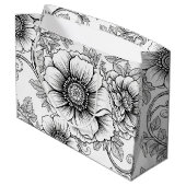 Elegantes Schwarz-Weiß-Blumenlinienkunstmuster (5) Große Geschenktüte (Rückseite Schrägansicht)