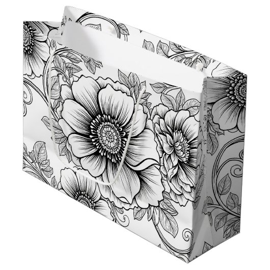 Elegantes Schwarz-Weiß-Blumenlinienkunstmuster (5) Große Geschenktüte (Vorderseite Schrägansicht)