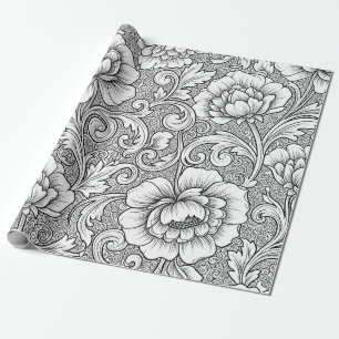 Elegantes Schwarz-Weiß-Blumenlinienkunstmuster (6) Geschenkpapier