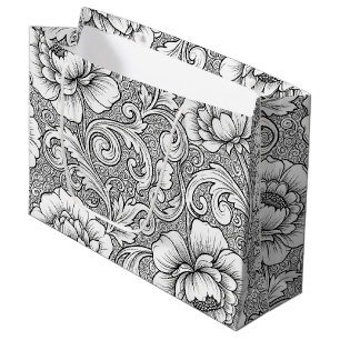 Elegantes Schwarz-Weiß-Blumenlinienkunstmuster (6) Große Geschenktüte