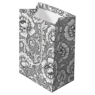 Elegantes Schwarz-Weiß-Blumenlinienkunstmuster (6) Mittlere Geschenktüte