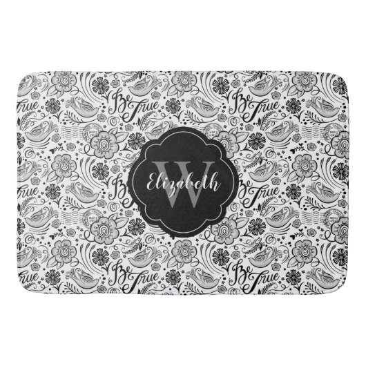 Elegantes Schwarz-Weiß-Blumenmonogramm Badematte (Vorderseite)