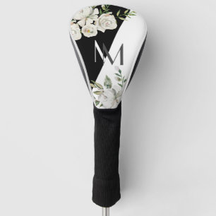 Elegantes Schwarz-Weiß-Blütenmonogramm Golf Headcover