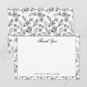Elegantes Schwarz-Weiß-Boho-Blumen-Dankeschön Mitteilungskarte