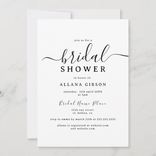 Elegantes Schwarz-Weiß-Brautparty Einladung (Vorderseite)