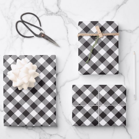 Elegantes Schwarz-Weiß Buffalo Kariert Checkered Geschenkpapier Set (Vorderseite)
