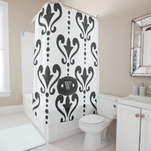 Elegantes Schwarz-Weiß-Damask-Monogramm Duschvorhang