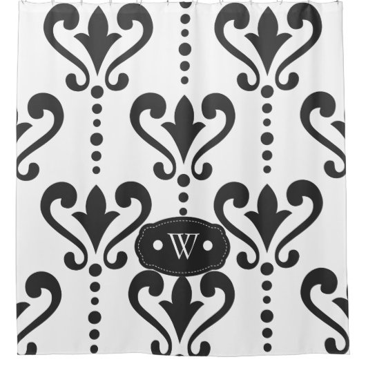 Elegantes Schwarz-Weiß-Damask-Monogramm Duschvorhang (Vorderseite)