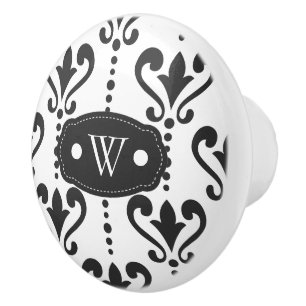 Elegantes Schwarz-Weiß-Damask-Monogramm Keramikknauf
