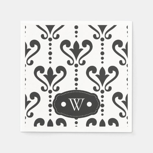 Elegantes Schwarz-Weiß-Damask-Monogramm Serviette (Vorderseite)