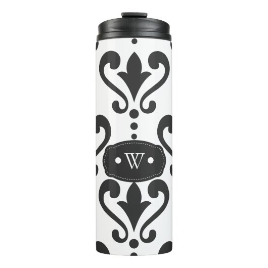 Elegantes Schwarz-Weiß-Damask-Monogramm Thermosbecher (Vorderseite)