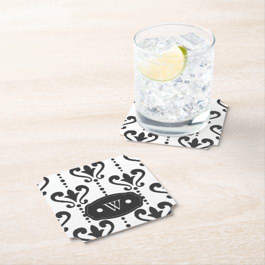Elegantes Schwarz-Weiß-Damask-Monogramm Untersetzer (Vor Ort)