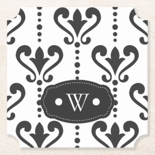 Elegantes Schwarz-Weiß-Damask-Monogramm Untersetzer