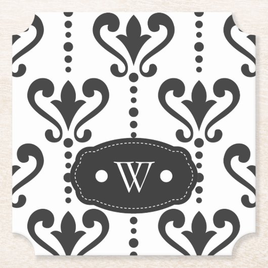 Elegantes Schwarz-Weiß-Damask-Monogramm Untersetzer (Vorderseite)