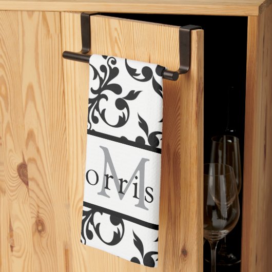 Elegantes Schwarz-Weiß-Damasketmuster Geschirrtuch (Drittel gefaltet)