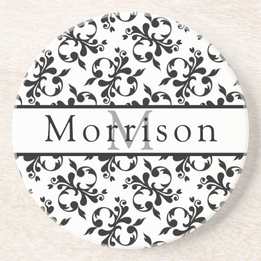 Elegantes Schwarz-Weiß-Damasketmuster Getränkeuntersetzer (Vorne)