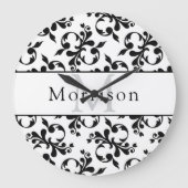 Elegantes Schwarz-Weiß-Damasketmuster Große Wanduhr (Vorderseite)