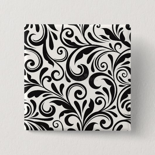 Elegantes Schwarz-Weiß-Damaskus-Rollenmuster Button (Vorderseite)