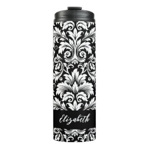 Elegantes Schwarz-Weiß-Damaskusmuster Thermosbecher