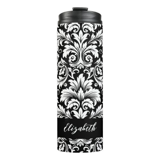 Elegantes Schwarz-Weiß-Damaskusmuster Thermosbecher (Vorderseite)