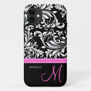 Elegantes Schwarz-Weiß-Damast-Muster mit Monogram iPhone 11 Hülle
