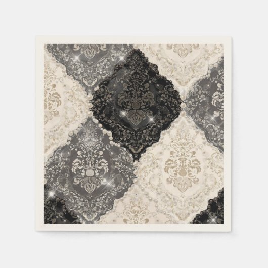 Elegantes Schwarz Weiß Damast Perlmutt Serviette (Vorderseite)