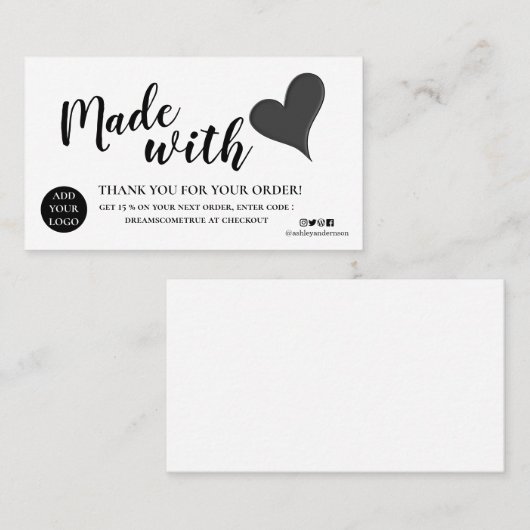 Elegantes Schwarz-Weiß-Dankeschön mit Liebe gemach Visitenkarte (Vorne/Hinten)