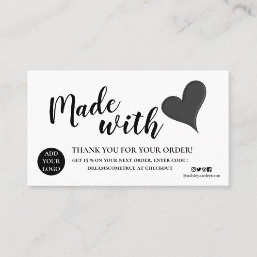 Elegantes Schwarz-Weiß-Dankeschön mit Liebe gemach Visitenkarte (Vorderseite)