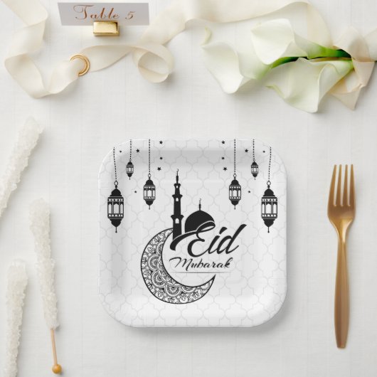 Elegantes Schwarz-Weiß-Eid Mubarak Pappteller (Hochzeit)
