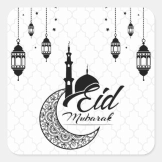 Elegantes Schwarz-Weiß-Eid Mubarak Quadratischer Aufkleber