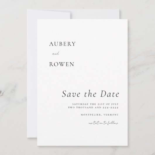 Elegantes Schwarz & Weiß Einfache Minimalistische Save The Date (Vorderseite)