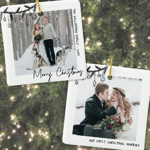 Elegantes Schwarz Weiß Erstes Weihnachtsfoto Keramikornament