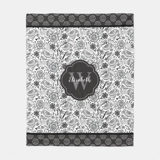Elegantes Schwarz-weiß Floral Monogramm Fleecedecke (Vorderseite)