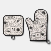 Elegantes Schwarz-weiß Floral Monogramm Ofenhandschuh & Topflappen-Set (Vorderseite)