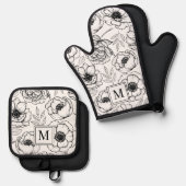Elegantes Schwarz-weiß Floral Monogramm Ofenhandschuh & Topflappen-Set (Vorderseite/Rückseite)