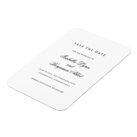 Elegantes Schwarz-Weiß-Format Save the Date Magnet (Linke Seite)