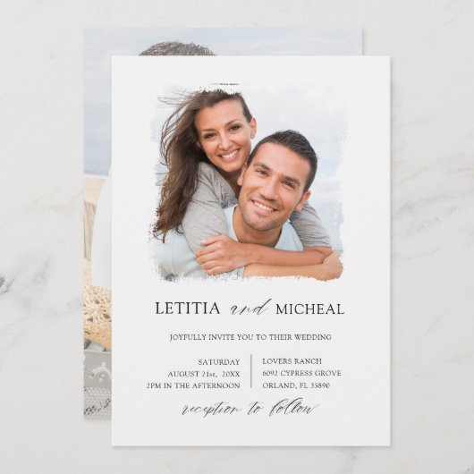 Elegantes Schwarz-Weiß-Foto Hochzeit Einladung (Vorne/Hinten)