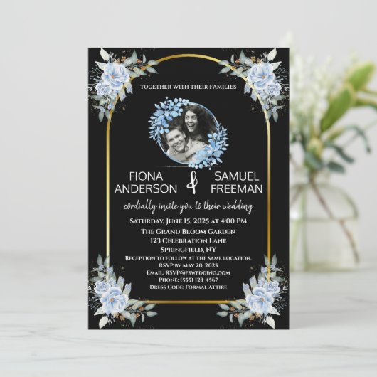 Elegantes Schwarz-Weiß-Foto Hochzeit Einladung (Stehend Vorderseite)