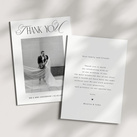 Elegantes Schwarz-Weiß-Foto-Hochzeit im Stil von a Dankeskarte