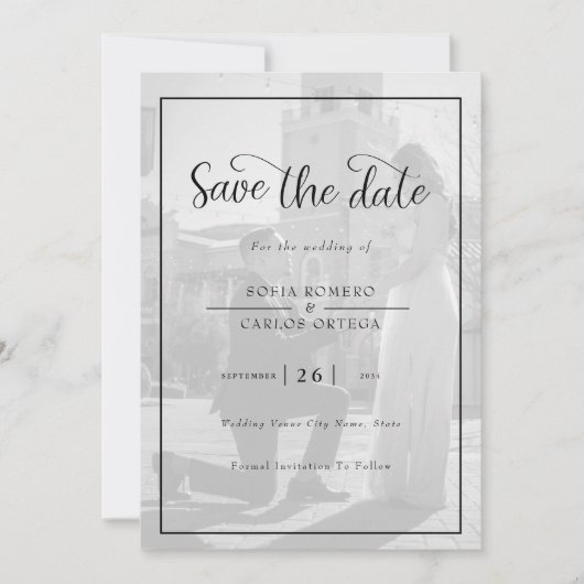 Elegantes Schwarz-Weiß-Foto Save the Date Einladung (Vorderseite)